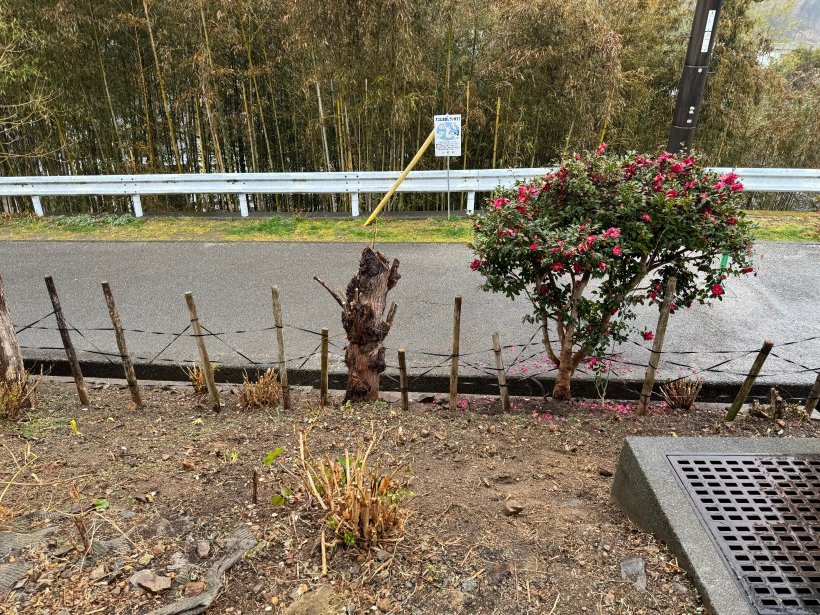 斜面の下に杭を立てて紐を引っ張っている